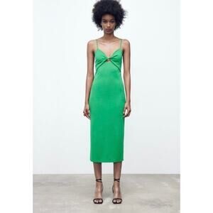 Zara Midi Slip Dress Small Green Twist Front Cutout Night Out Party Vacation